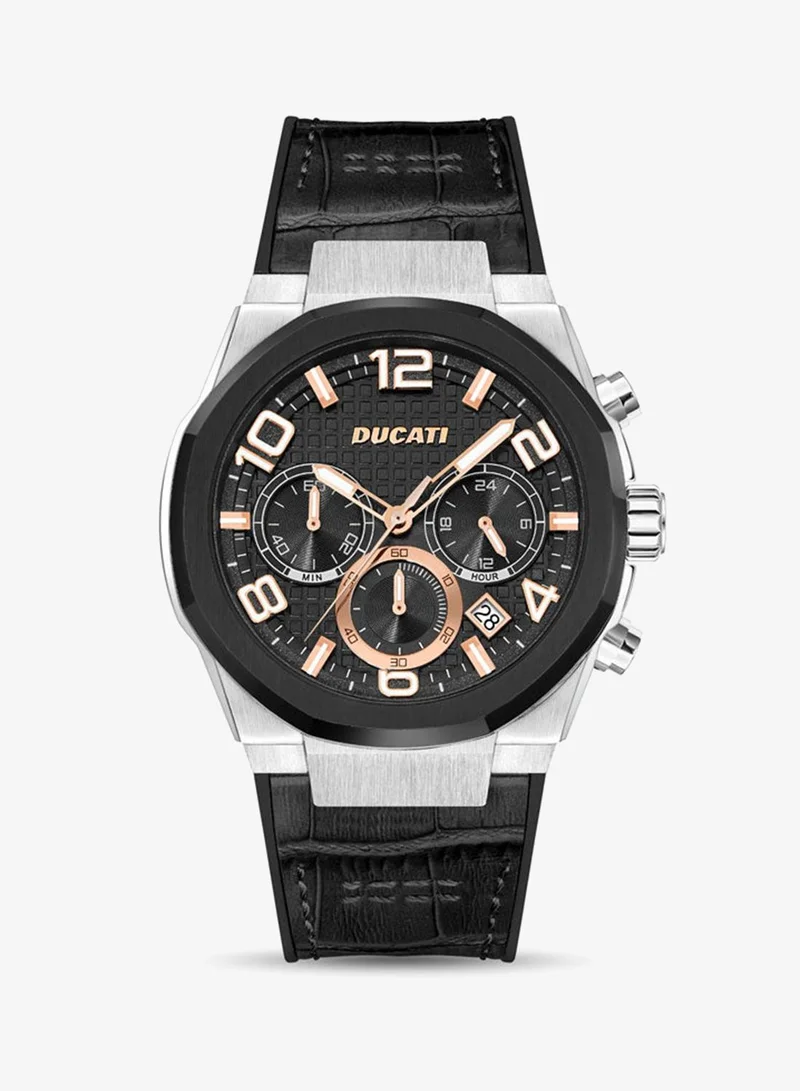 Ducati Ducati DT006 Gents Chronograph Watch - 43.5MM Multi-Layered Black Dial, Black Leather Strap with Silicone Base, Water Resistant up to 50M, Bold Design for Racing Enthusiasts
