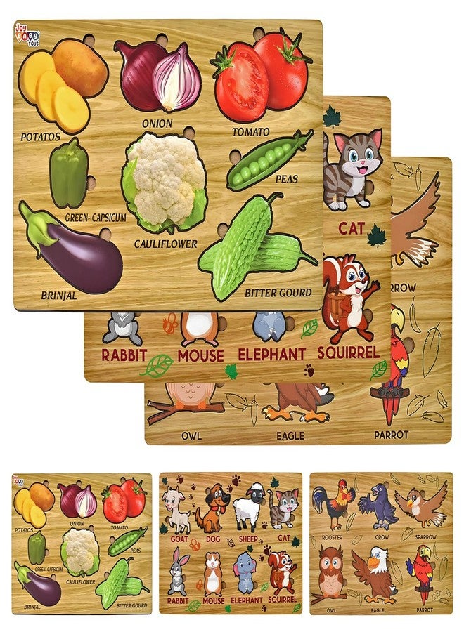 Vastate Wooden Puzzle Board for Kids – Educational Vegetable, Animal, Shape & Bird Puzzles – Fun & Interactive Learning Toy for Toddlers 1-5 Years – Develops Skills & Abilities (Pack of 3) - Image 1