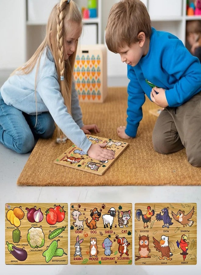 Vastate Wooden Puzzle Board for Kids – Educational Vegetable, Animal, Shape & Bird Puzzles – Fun & Interactive Learning Toy for Toddlers 1-5 Years – Develops Skills & Abilities (Pack of 3) - Image 2