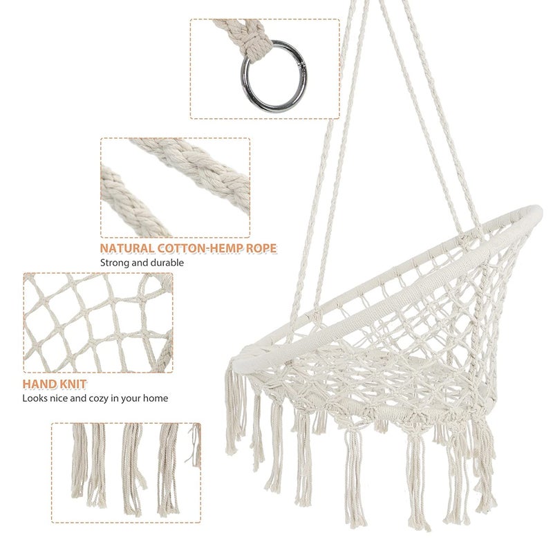 ONPRIX Round Cotton Home Swing for Perfect for Indoor Outdoor Teens Girl Bedroom Home Room Patio Deck Yard Garden Knitted Floating Swinging Bench White - Image 3