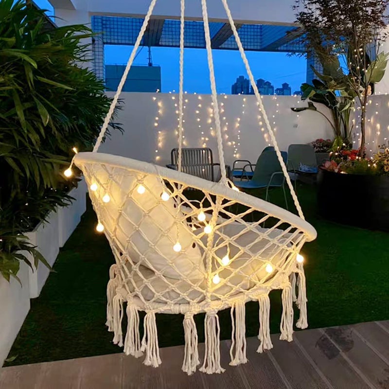 ONPRIX Round Cotton Home Swing for Perfect for Indoor Outdoor Teens Girl Bedroom Home Room Patio Deck Yard Garden Knitted Floating Swinging Bench White - Image 5