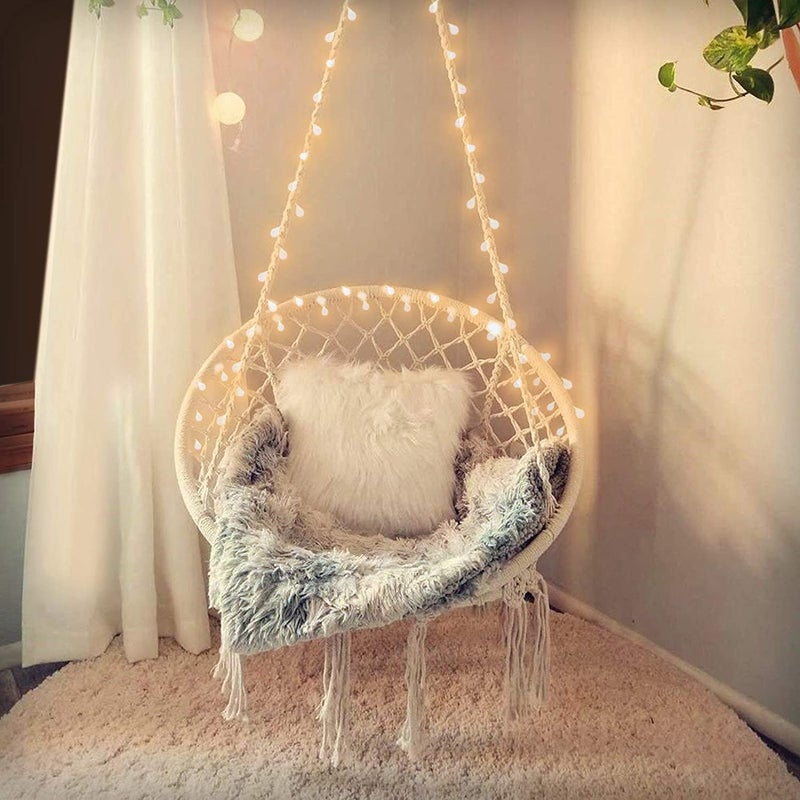 ONPRIX Round Cotton Home Swing for Perfect for Indoor Outdoor Teens Girl Bedroom Home Room Patio Deck Yard Garden Knitted Floating Swinging Bench White - Image 1