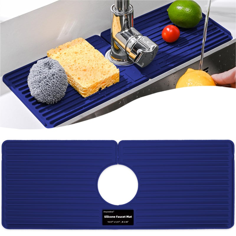 Amyandone Faucet Mat For Kitchen Sink  Silicone Faucet Handle Drip Catcher Tray  Drying Mat As Sponge And Soap Holder With Lateral Inflow For Kitchen Bathroom Farmhouse & Rv Sink Accessories (Blue) - Image 1