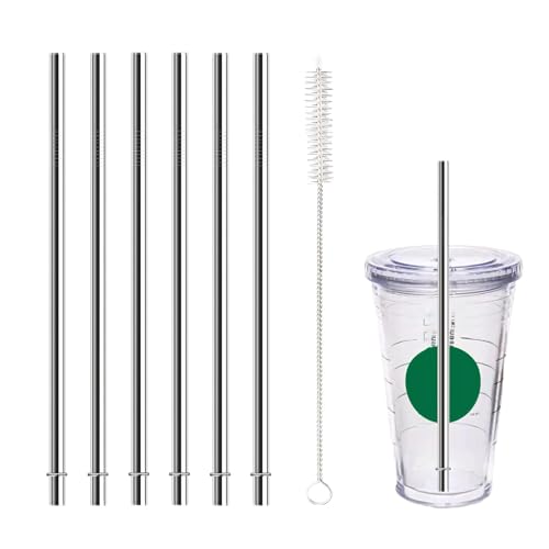 QUVIAE 8 Inch Stainless Steel Straws Replacement for Starbucks Cold Cup 16 oz, 6 PCS Straight Reusable Metal Straw with Cleaning Brush, 8" X 0.31" Compatible with Mason Jar Tumblers - Image 1