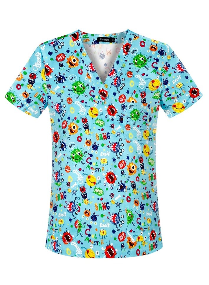 Loquat Cartoon Printed V-Neck Medical Uniform Scrubs Top Comfty Soft Workwear