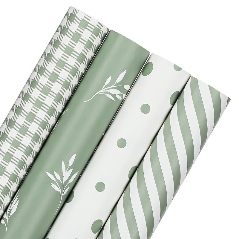 woric Sage Green Wrapping Paper 4 Rolls Gift Wrapping Paper with Stripe Polka Dot Check Beige Leaves Design for Baby Shower Wedding Birthday Spring Easter Decor - 17 x 120 in(10ft) Per Roll - Image 1