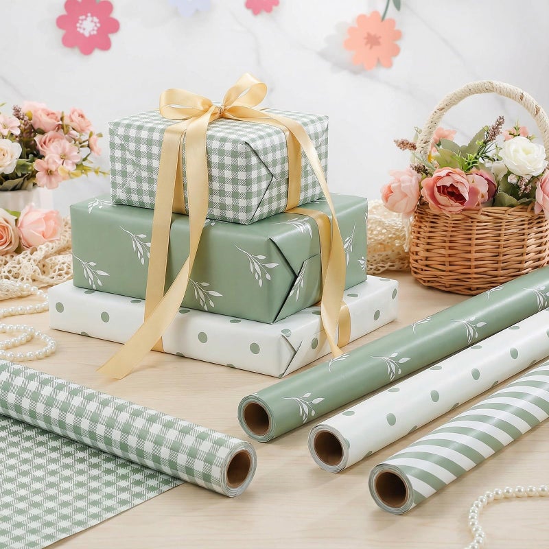 woric Sage Green Wrapping Paper 4 Rolls Gift Wrapping Paper with Stripe Polka Dot Check Beige Leaves Design for Baby Shower Wedding Birthday Spring Easter Decor - 17 x 120 in(10ft) Per Roll - Image 5