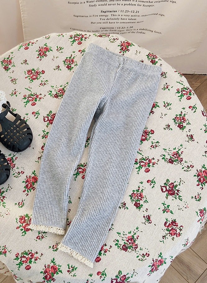 Loquat Girls Thermal Underwear Pants Cotton Soft Long Johns Base Layer Bottom Kid's Lace Splicing Pants Gray 