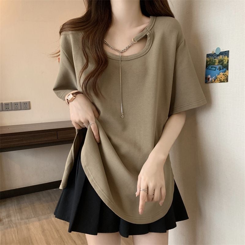 Short-Sleeved T-Shirt Women'S Summer Loose Slimming All-Match Mid-Length Plus Size Design Base Shirt Top - Image 2