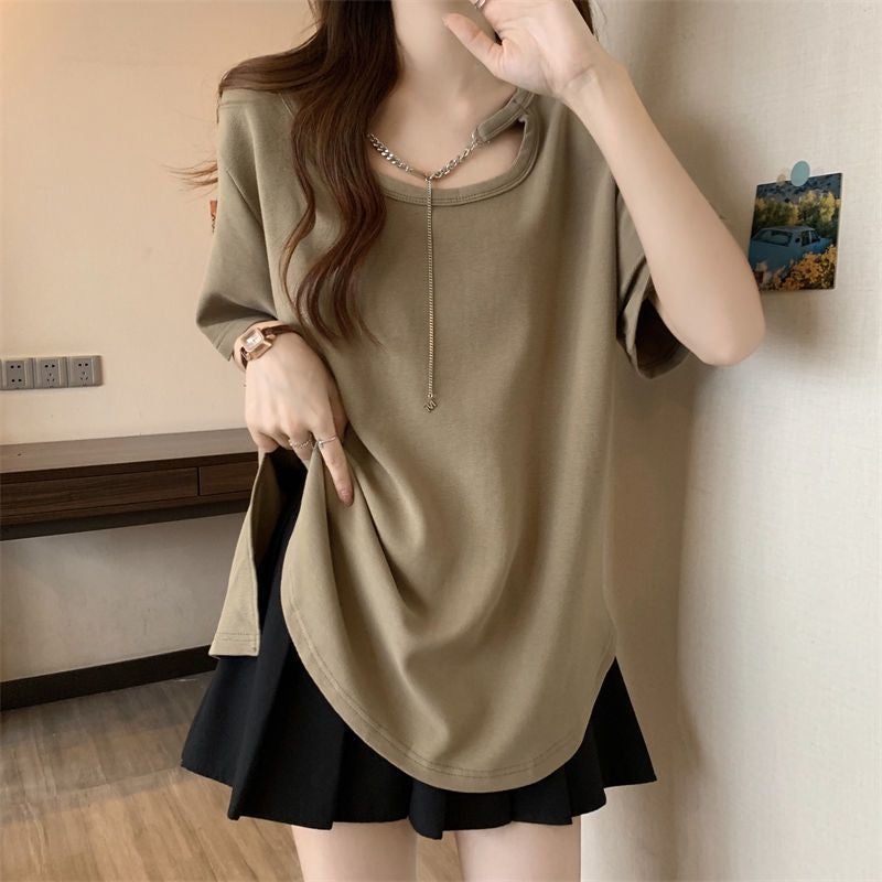 Short-Sleeved T-Shirt Women'S Summer Loose Slimming All-Match Mid-Length Plus Size Design Base Shirt Top - Image 4