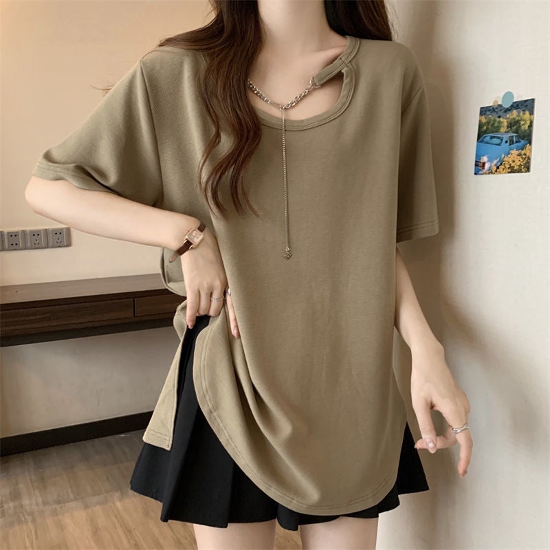 Short-Sleeved T-Shirt Women'S Summer Loose Slimming All-Match Mid-Length Plus Size Design Base Shirt Top - Image 3