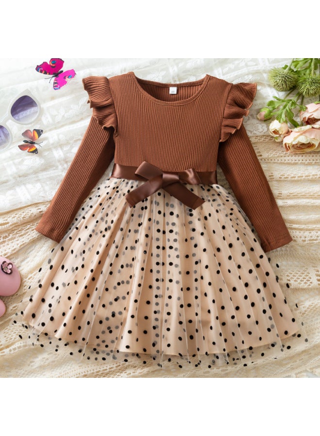 خاكي فستان بنات أميرة لخريف وشتاء بأكمام طويلة وأكمام طائرة ونقاط دائرية وشبكة