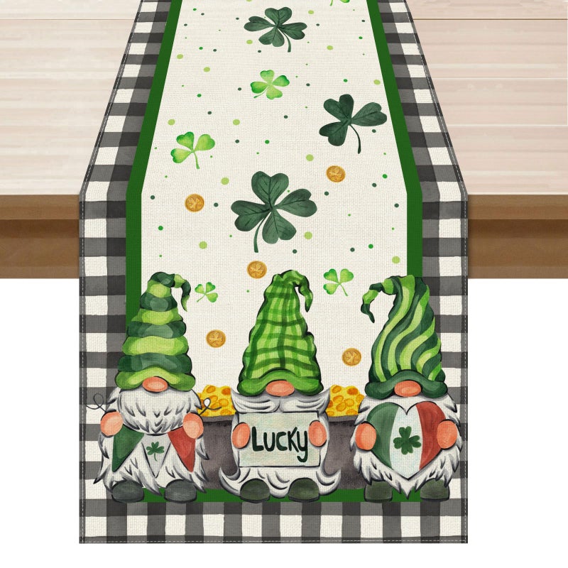 XCHI Plaid Gnomes Shamrocks Clovers Golds St. Patrick's Day Table Runner Table Decoration for Party Home Kitchen Dining Holiday Decor 13x72 Inch - Image 1