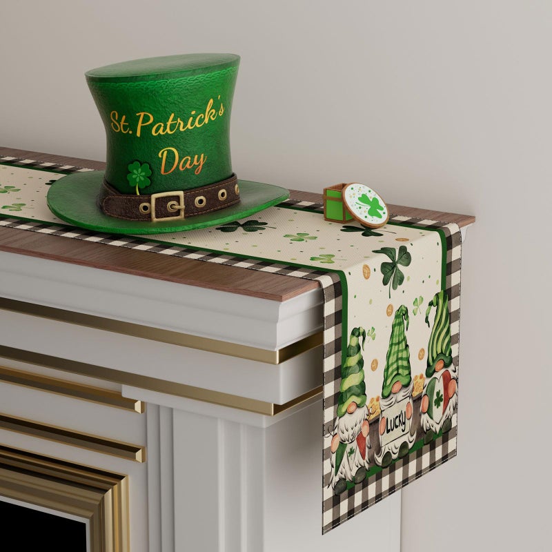 XCHI Plaid Gnomes Shamrocks Clovers Golds St. Patrick's Day Table Runner Table Decoration for Party Home Kitchen Dining Holiday Decor 13x72 Inch - Image 3