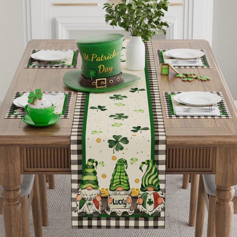 XCHI Plaid Gnomes Shamrocks Clovers Golds St. Patrick's Day Table Runner Table Decoration for Party Home Kitchen Dining Holiday Decor 13x72 Inch - Image 2