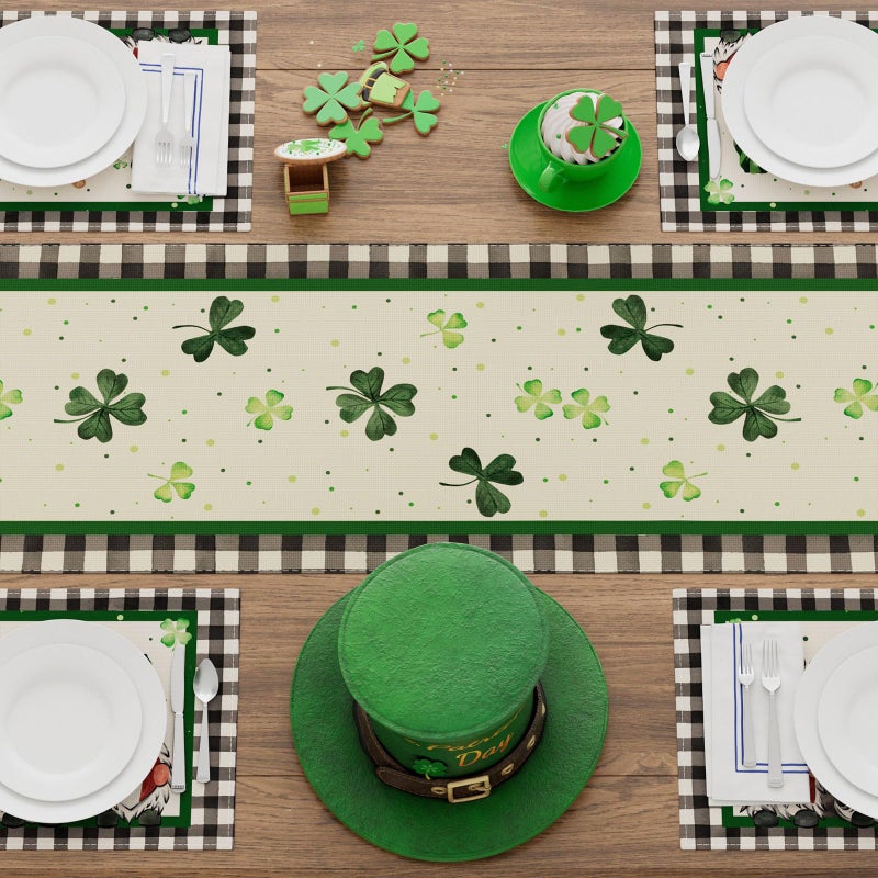 XCHI Plaid Gnomes Shamrocks Clovers Golds St. Patrick's Day Table Runner Table Decoration for Party Home Kitchen Dining Holiday Decor 13x72 Inch - Image 4