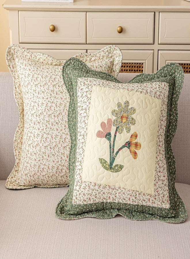 vctops Set of 2 Cotton Quilted Decorative Square Throw Pillow Covers with Scalloped Floral Pattern Soft Cushion Case for Couch Sofa Bed (Green,18"x18") - Image 2