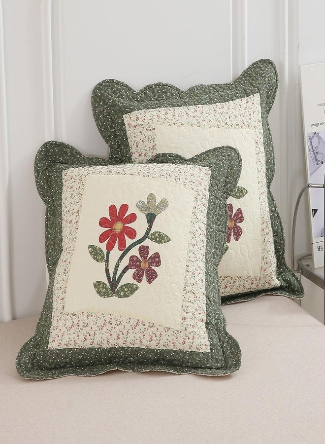 vctops Set of 2 Cotton Quilted Decorative Square Throw Pillow Covers with Scalloped Floral Pattern Soft Cushion Case for Couch Sofa Bed (Green,18"x18") - Image 4