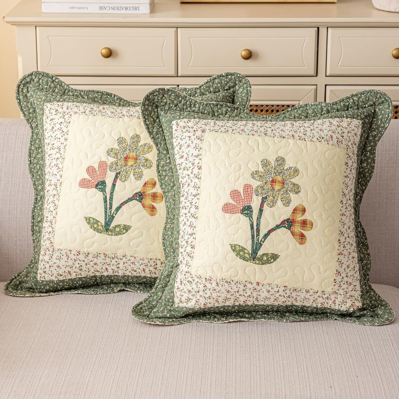 vctops Set of 2 Cotton Quilted Decorative Square Throw Pillow Covers with Scalloped Floral Pattern Soft Cushion Case for Couch Sofa Bed (Green,18"x18") - Image 1