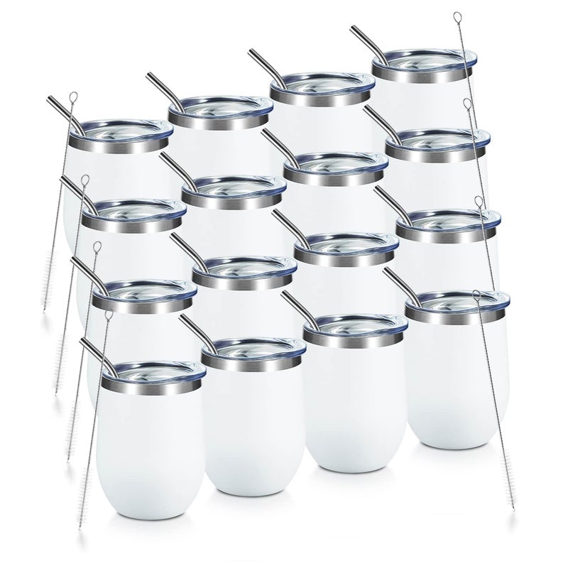 COMOOO 12oz Wine Tumbler with Lid and Straw Stainless Steel Stemlss Wine Glass Double Wall Vacuum Insulated Wine Tumbler Cup for Wine Cocktails Champaign White 16 Pack