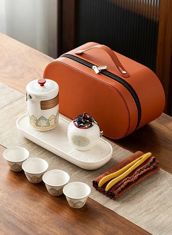 Beauenty White Porcelain Tea Set with Teapot, Tea Cans, Tea Cups, Tea Tray, Storage Bag, Handmade, Portable Travel Teaset for Home, Outdoor, Office Gifts - Image 1