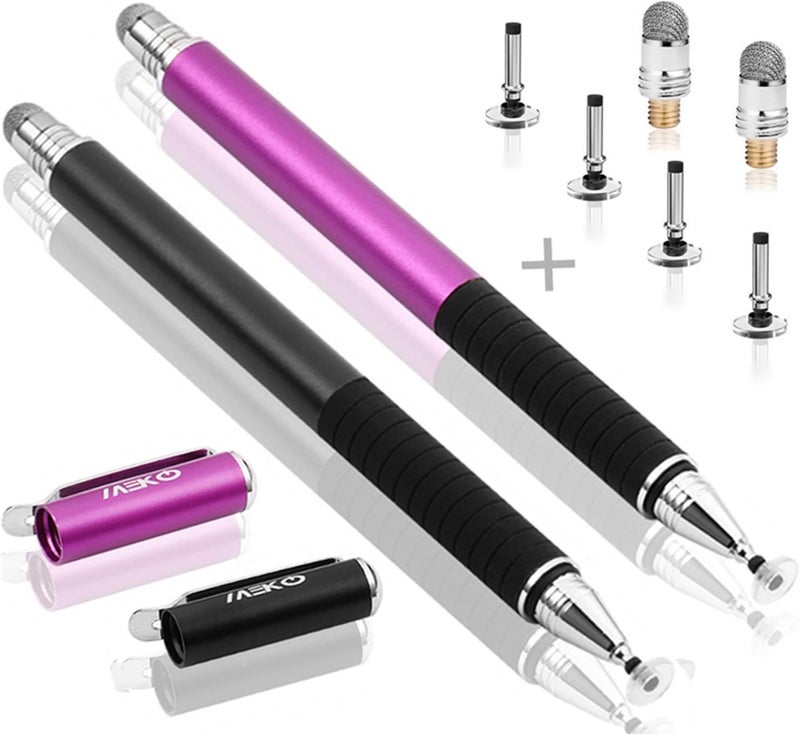 MEKO Disc Fine Drawing Stylus Pens 2 in 1 Precision for All Capacitive Touch Screens Cell Phones, Tablets, Laptops Bundle 6 Replacement Tips - 2 Pcs (Black/Purple) - Image 1