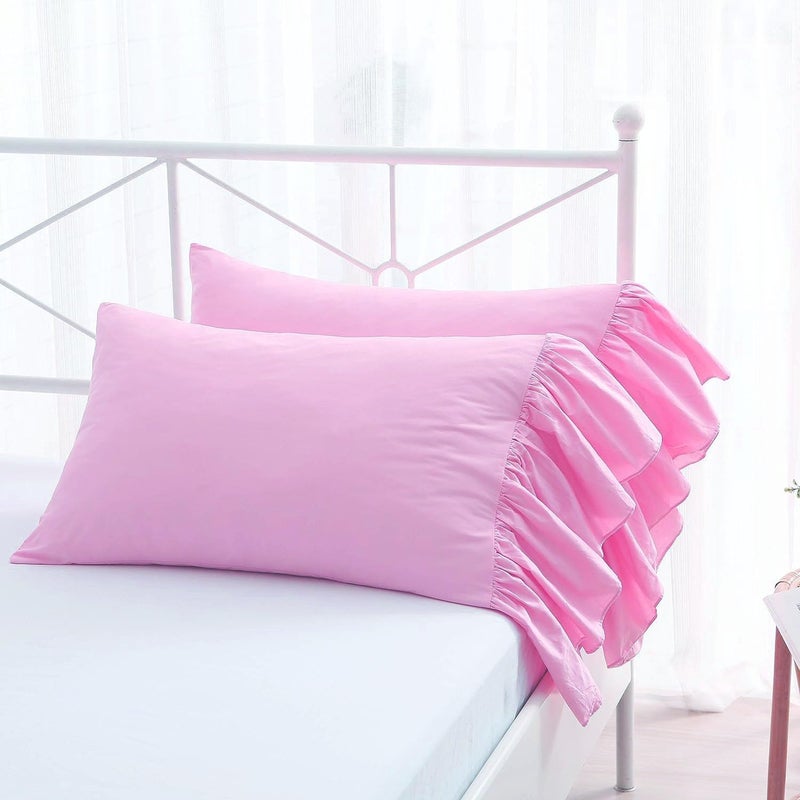 Meaning4 2-Pack Lilac Pink Pillow Cases Shams Covers with Long Ruffles Mermaid Fishtail Pure Cotton King Size 20""X36"" Boudoir - Image 1
