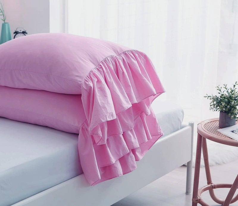 Meaning4 2-Pack Lilac Pink Pillow Cases Shams Covers with Long Ruffles Mermaid Fishtail Pure Cotton King Size 20""X36"" Boudoir - Image 4
