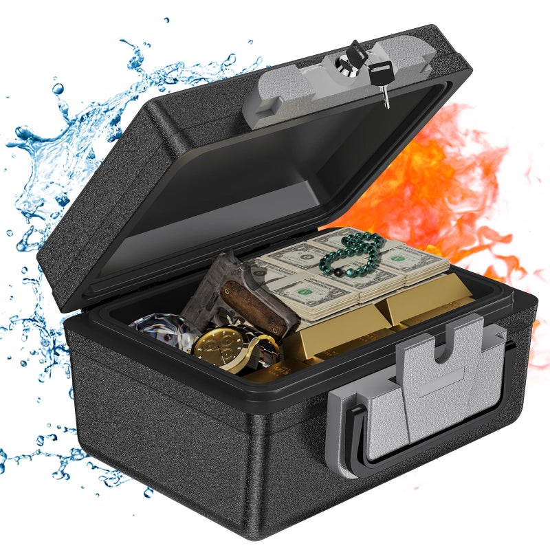 WASJOYE صندوق أمان مقاوم للحريق وماء WASJOYE - صندوق أمان مقاوم للحريق بسعة 0.5 قدم مكعب مع قفل مفتاح، صندوق أمان محمول للاستخدام المنزلي والسيارة والأعمال والمكتب والوثائق الخارجية والنقود وجوازات السفر والمجوهرات وتخزين الممتلكات الثمينة - Image 1