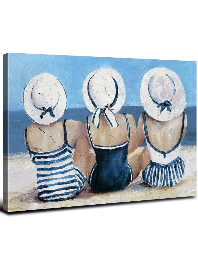 sunfrower Coastal Wall Art Beach Bathroom Ocean Decor Blue and White Beach Girls Painting - Image 1
