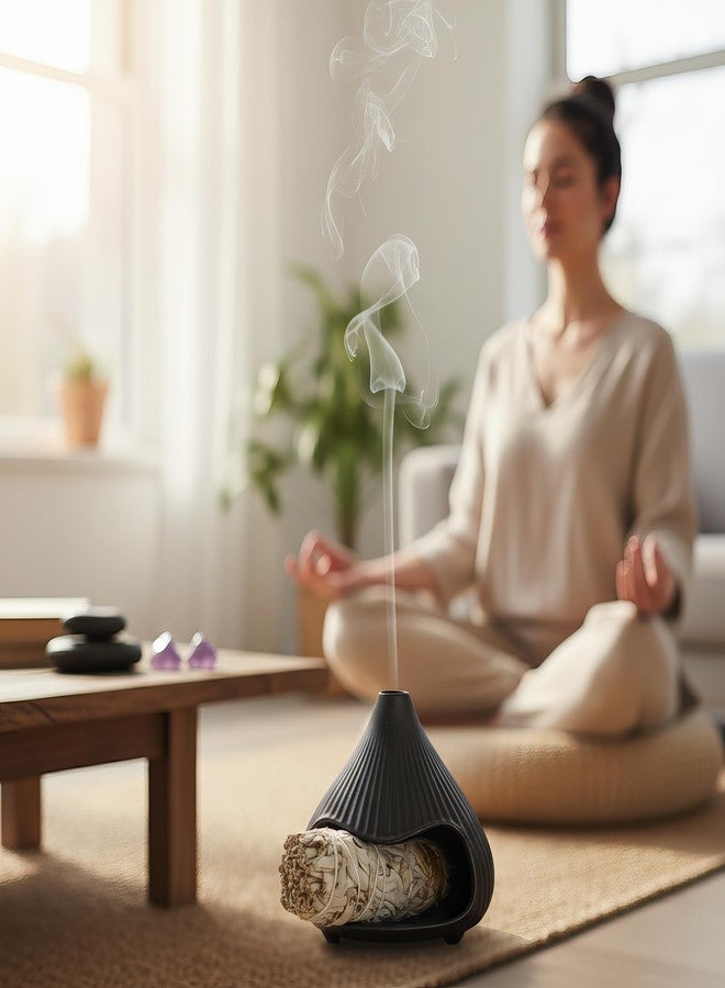 LuciPaw Retro Ceramic Palo Santo Holder, Sage Smudge Burner, Mini Fireplace Mount Fuji Chimney Incense Ash Catcher, Boho Zen Meditation Home Decor Gift (Matte Black) - Image 5