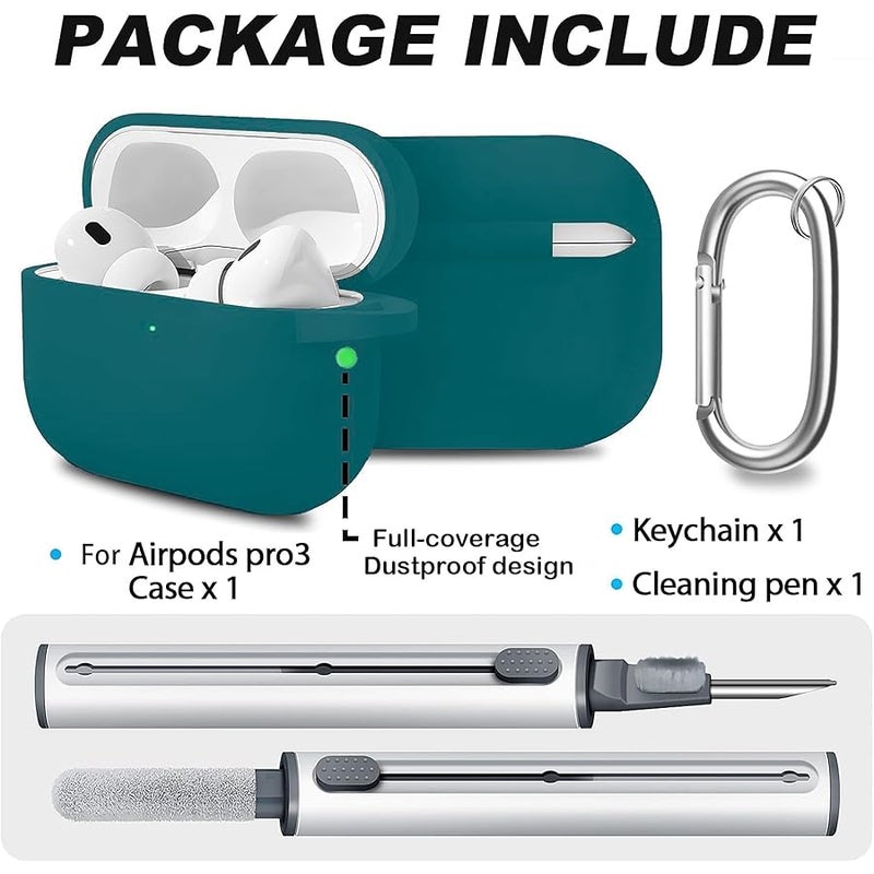 Woyinger Full-Coverage dustproof Design for AirPods Pro 3 Case Cover with Cleaner Kit, Soft Silicone Cover for AirPods Pro 3rd Generation Comes with Keychain,Suitable for 3rd Generation,Pine Green - Image 2