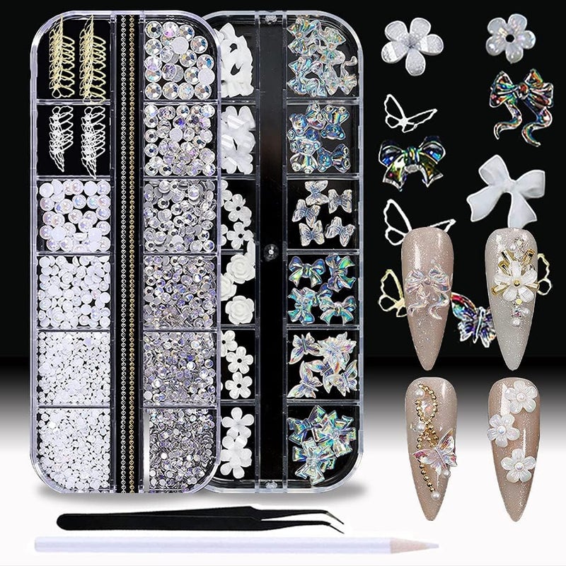 WOKOTO WOKOTO 2 Box 3d Nail Charms For Nail Art 3d Nail Rhinestones For Acrylic Nails Mix Shapes 3d Butterfly Nail Art Rhinestones Pearls For Nails 3d Flowers For Nails Holographic Nail Bows Bears Set