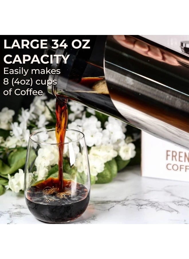 Generic - Cafe Du Chateau  French Press Coffee Maker - Large 34 Oz Glass Carafe - Stainless Steel Coffee Presses With 4 Level Filter - Image 1
