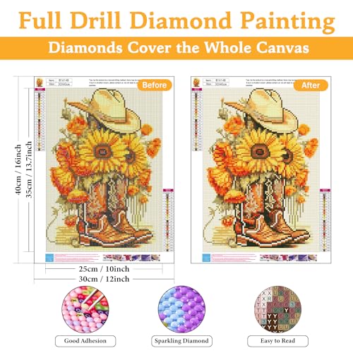 Okarina Diamond Art Kits for Adults Cowboy Boot, DIY 5D Diamond Painting Kit for Beginners Sunflower, Cowboy Hat Full Round Drill Gem Art Dots for Adults, Perfect for Home Wall Decor 12X16 Inch - Image 2