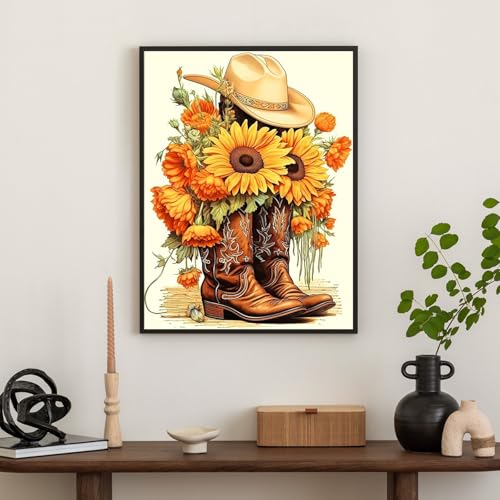 Okarina Diamond Art Kits for Adults Cowboy Boot, DIY 5D Diamond Painting Kit for Beginners Sunflower, Cowboy Hat Full Round Drill Gem Art Dots for Adults, Perfect for Home Wall Decor 12X16 Inch - Image 3