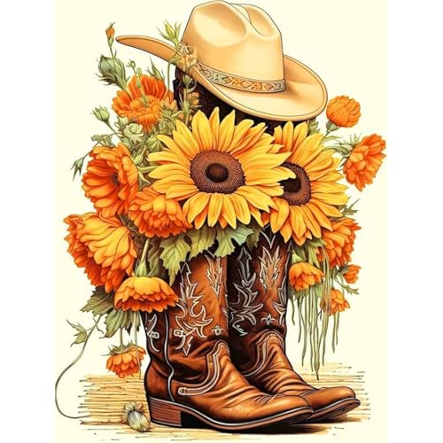 Okarina Diamond Art Kits for Adults Cowboy Boot, DIY 5D Diamond Painting Kit for Beginners Sunflower, Cowboy Hat Full Round Drill Gem Art Dots for Adults, Perfect for Home Wall Decor 12X16 Inch - Image 1