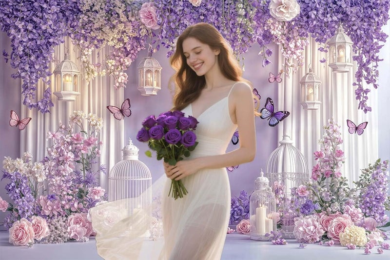 DeeCabin 10X8ft Purple Butterfly Floral Backdrop for Photography Butterfly Flowers Theme Girls Party Decorations Background Wedding Birthday Baby Shower Party Cake Table Decor Photo Booth Props - Image 3