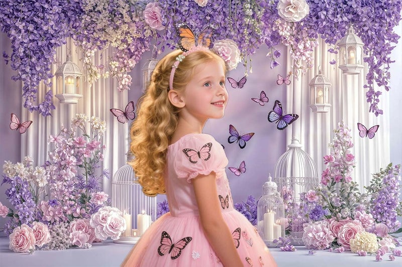 DeeCabin 10X8ft Purple Butterfly Floral Backdrop for Photography Butterfly Flowers Theme Girls Party Decorations Background Wedding Birthday Baby Shower Party Cake Table Decor Photo Booth Props - Image 4