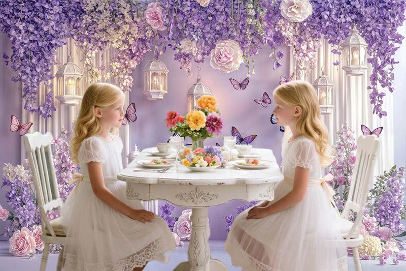 DeeCabin 10X8ft Purple Butterfly Floral Backdrop for Photography Butterfly Flowers Theme Girls Party Decorations Background Wedding Birthday Baby Shower Party Cake Table Decor Photo Booth Props - Image 2