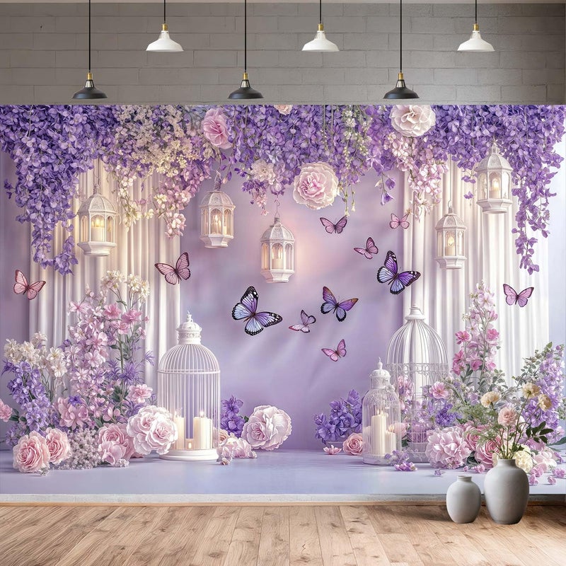 DeeCabin 10X8ft Purple Butterfly Floral Backdrop for Photography Butterfly Flowers Theme Girls Party Decorations Background Wedding Birthday Baby Shower Party Cake Table Decor Photo Booth Props - Image 1