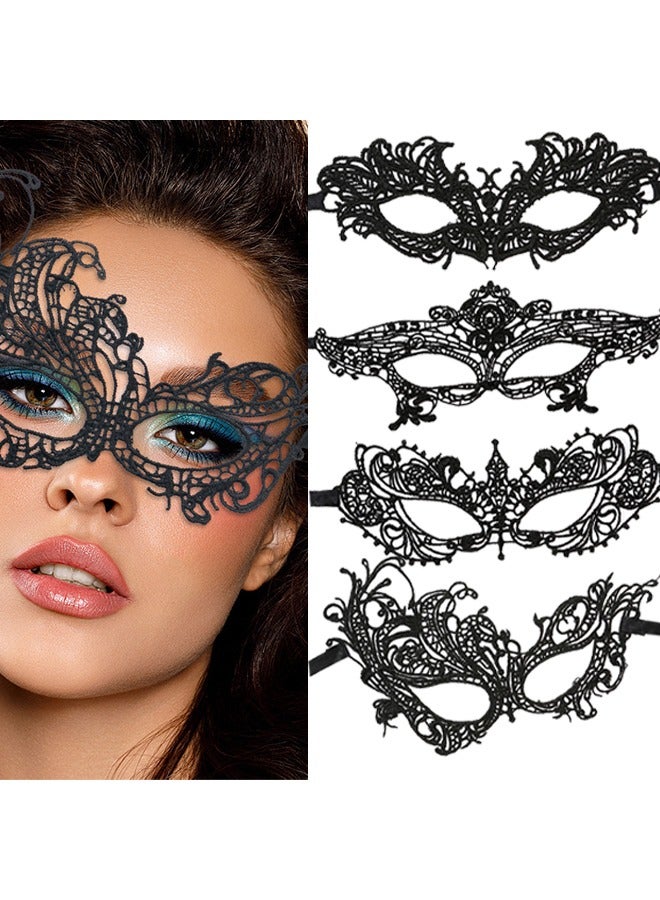 4 Pieces Women Lace Eye Mask, Masquerade Masks Mysterious Face Venetian Eyemask for Carnival Party Costume Ball, Black - Image 1