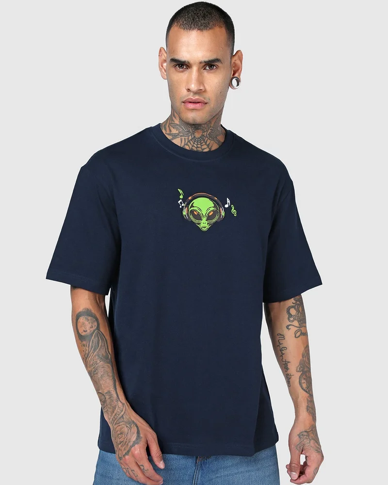 بيواكوف Men's Navy Blue Cosmic Rave Graphic Printed Oversized T-shirt