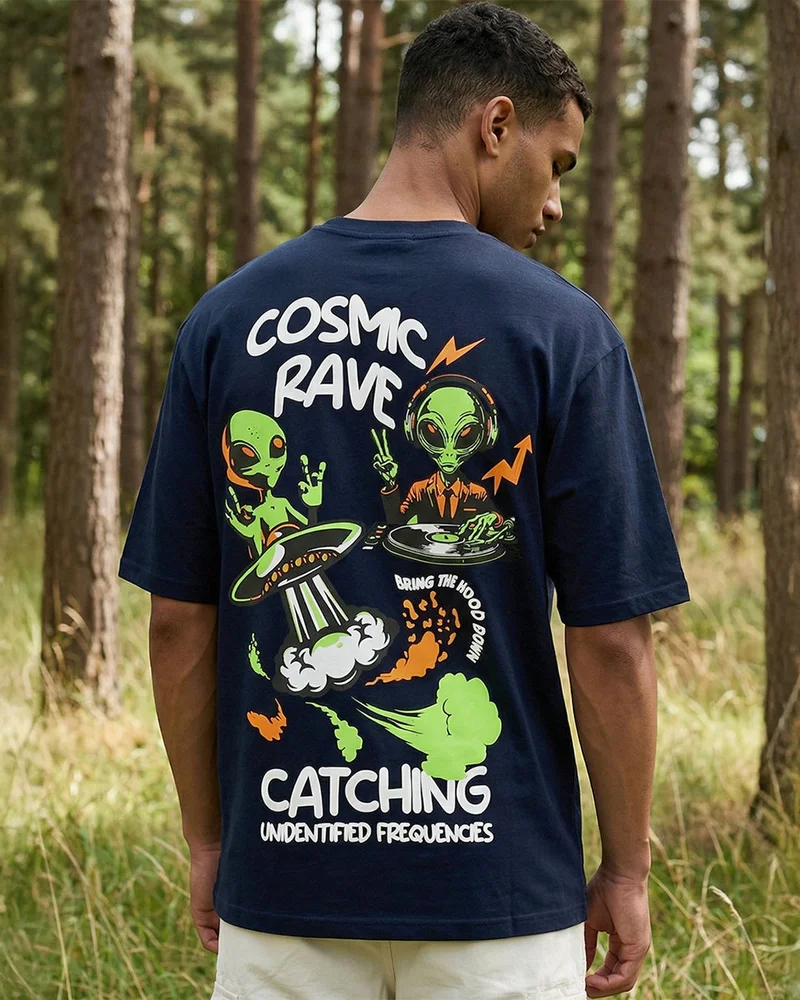 بيواكوف Men's Navy Blue Cosmic Rave Graphic Printed Oversized T-shirt