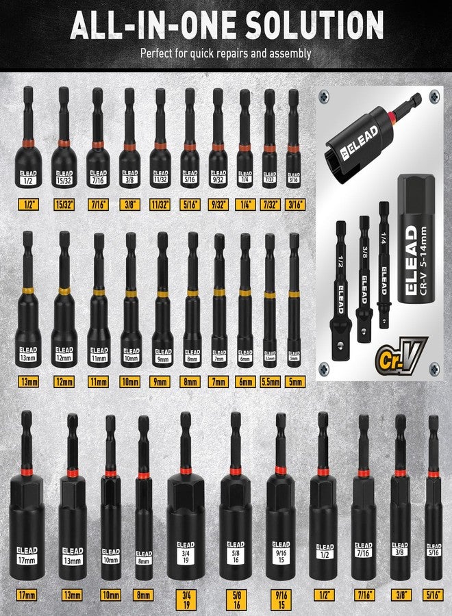 ELEAD مجموعة مفكات صواميل مغناطيسية مكونة من 58 قطعة، مجموعة مفاتيح ربط مركبة صغيرة مترية وSAE، محول مقبس صدمات، أداة التقاط مغناطيسية 3 أرطال، مفك صواميل مجنح، مقبس عالمي، ملحق بت سريع التغيير 1/4 بوصة - Image 2