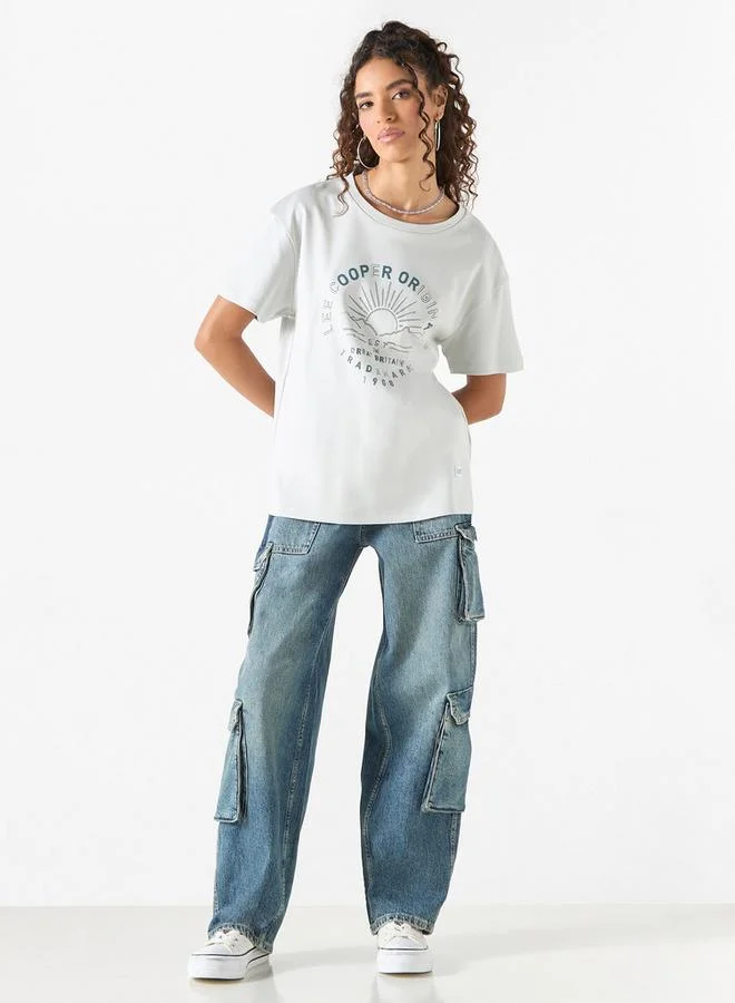 Lee Cooper Lee Cooper Printed Round Neck Cotton T-shirt with Short Sleeves