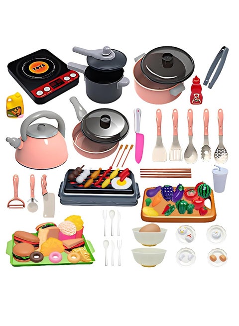 مجموعة ألعاب مطبخ للأطفال مكونة من 86 قطعة، ملحقات ألعاب مطبخ وهمية واقعية للأطفال الصغار، مجموعة ألعاب طبخ وتخييم وشواء مع أواني آمنة وأواني طعام كهدية عيد ميلاد للأطفال