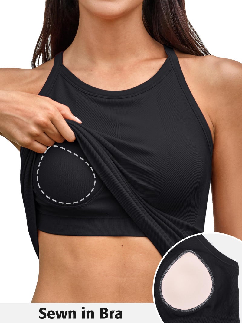 ATTRACO Athletic Ribbed Tank Tops with Built in Bra Racer Back Workout Tank Top Going Out Camisole Tops for Women Black - Image 4