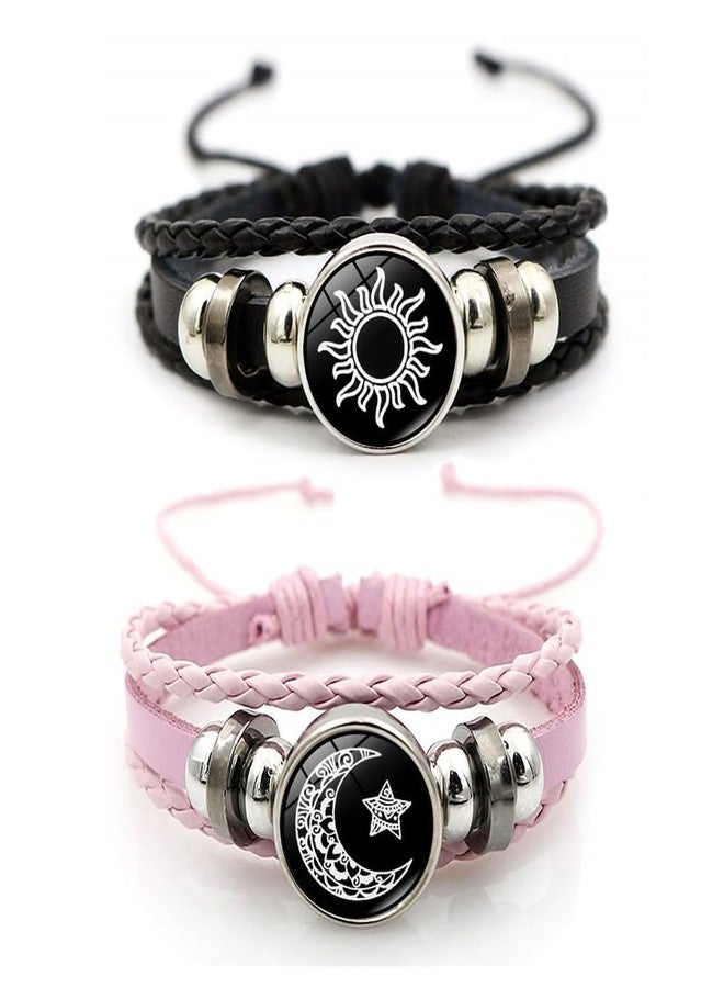 Thalireth Sun And Moon Couples Friendship Matching Love Bracelets Leather Y2k Spirilet Glow In The Dark Bracelets 2PCS, standard size, Faux Leather, no gemstone - Image 1