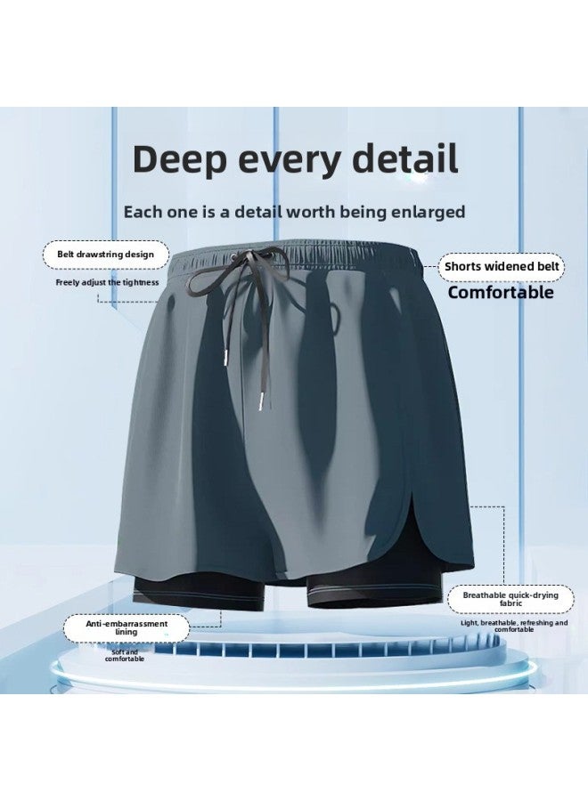 Loquat Youyou Adult Swimming Trunks Men's 2024 Quick-drying Double-layer Anti-embarrassment Swimsuit Plus Size Three-point Wholesale-Color:Black Printed Suit 【no Pocket】】- - Image 5